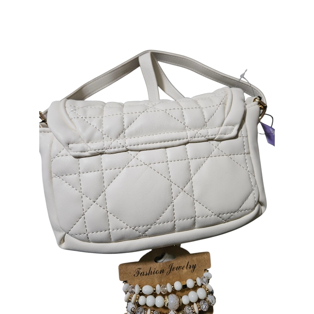 Cream Quilted Crossbody Bag with Gold Chain & Bohemian Bracelet Set - Picture 3 of 4